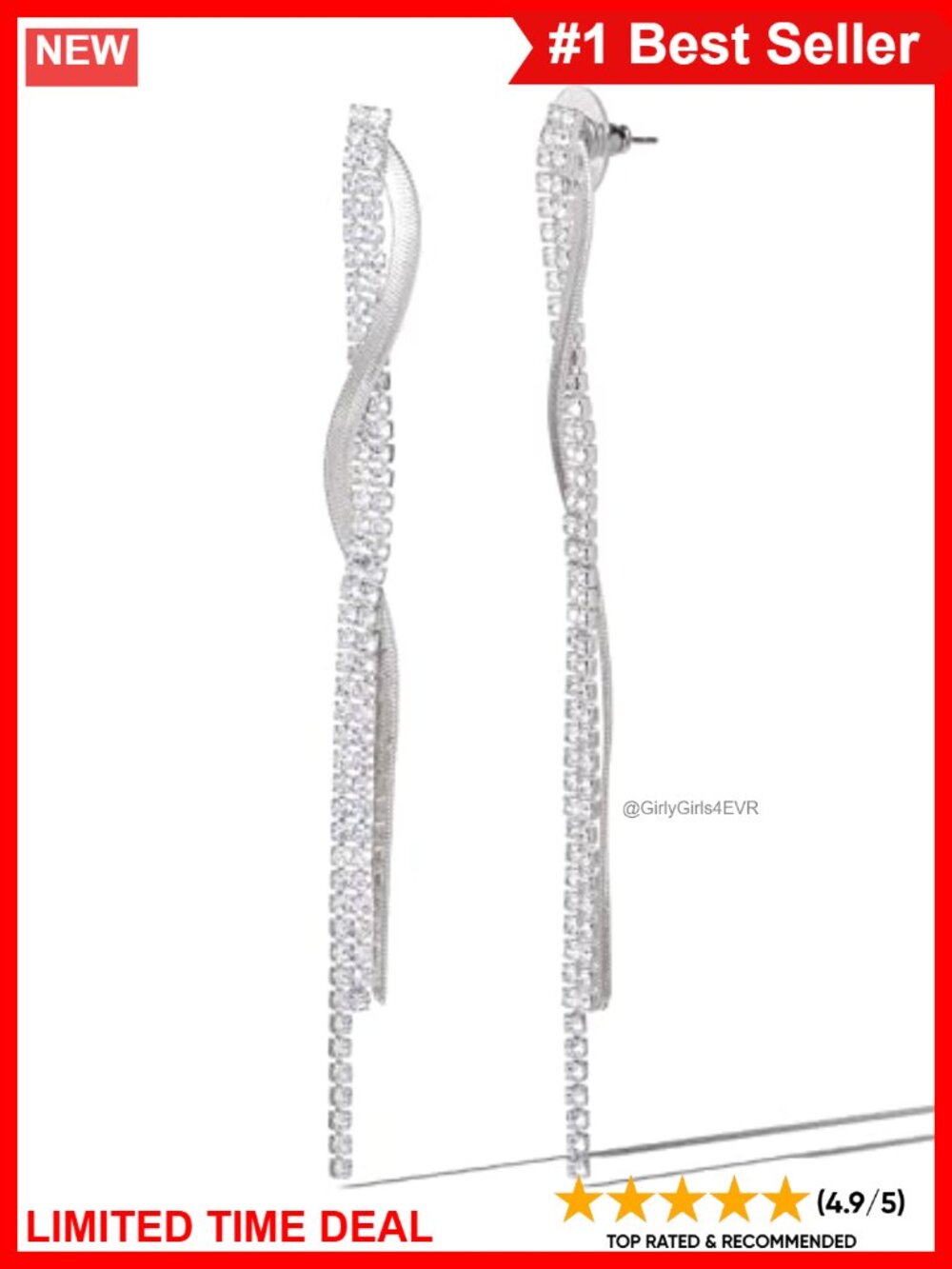 Rhinestone Tassel Dangle Earrings Twisted Silver-Tone Chains